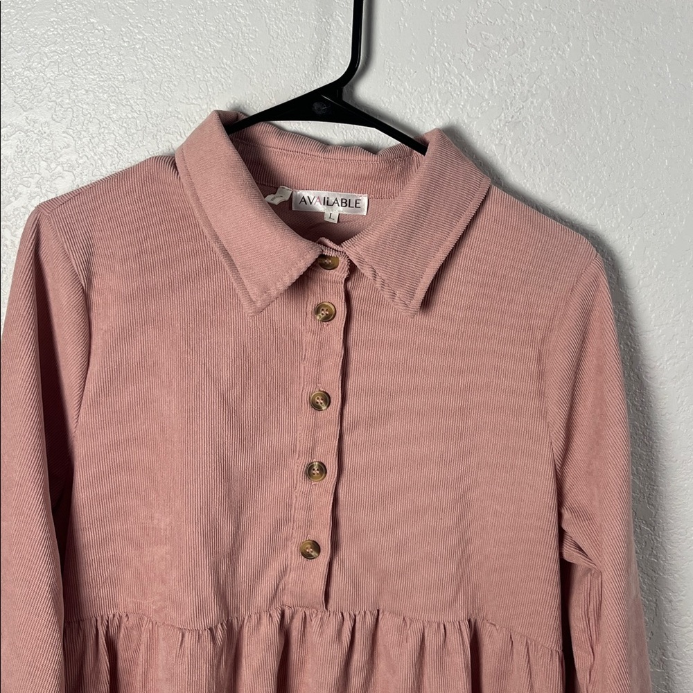 Available Women’s Pink Dress Corduroy Half Button Collared Long Sleeve Mini Sz L - Picture 7 of 9